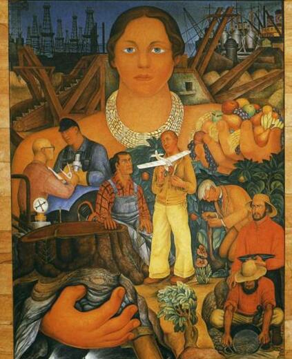 Depiction of Queen Calafia supporting the industries of California in the "Allegory of California" mural by Diego Rivera in the Pacific Coast Stock Exchange, San Francisco