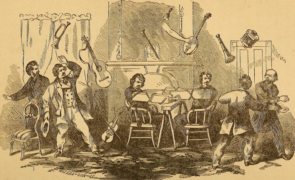 Illustration of levitating objects during a Spiritualist séance conducted by the Davenport brothers
