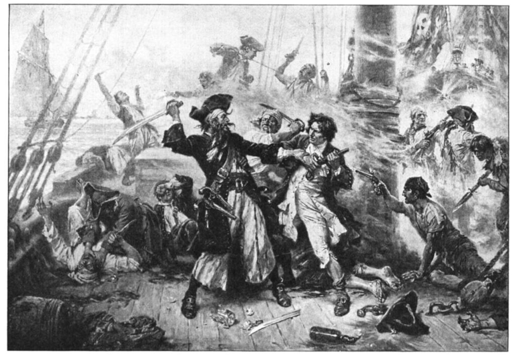 Capture of the Pirate, Blackbeard, 1718 depicting the battle between Blackbeard the Pirate and Lieutenant Maynard in Ocracoke Bay