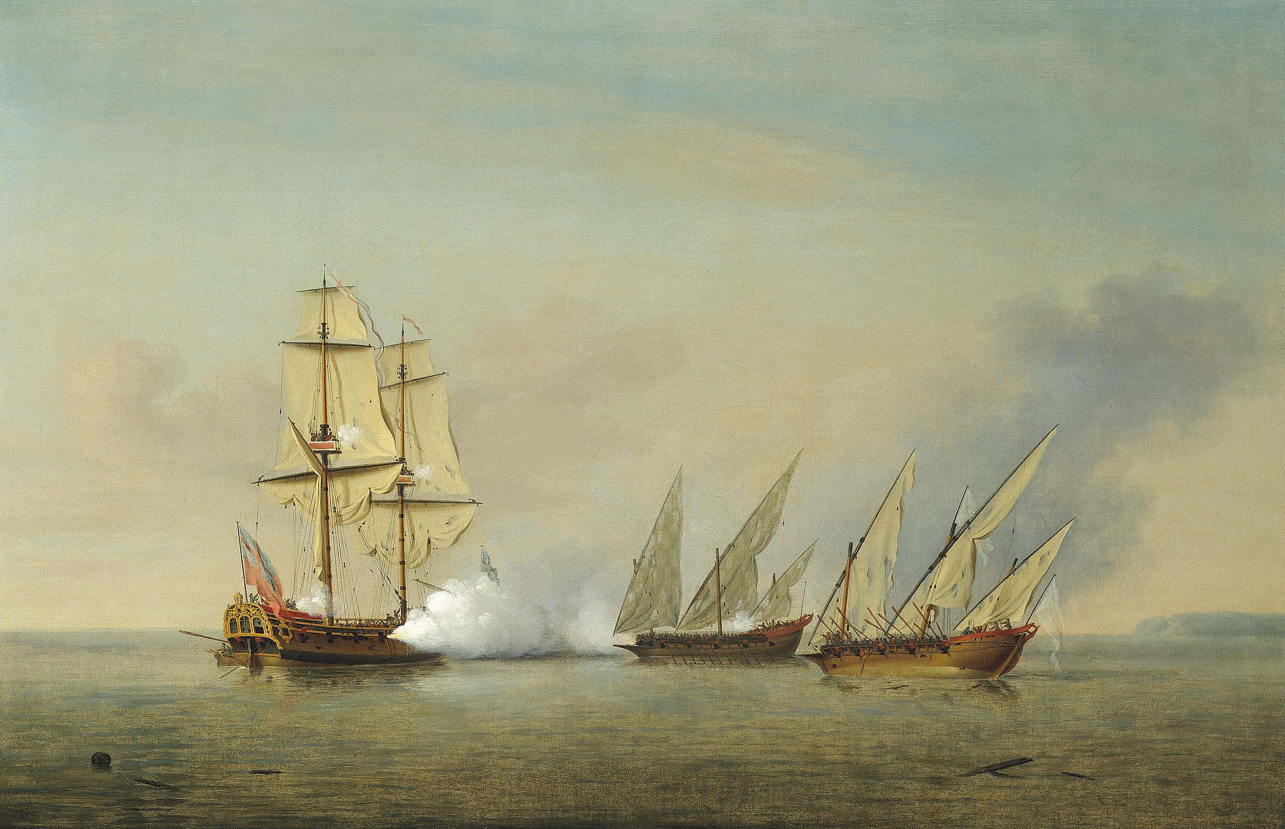 A Royal Navy sloop, H.M.S. Greyhound, in action with two heavily-armed Spanish galleys