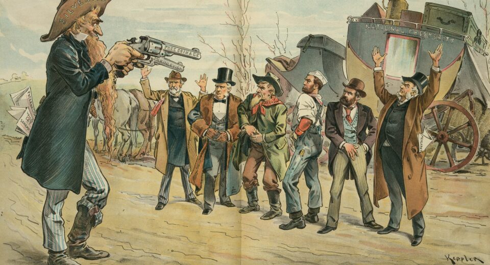 1896 chromolithograph by Keppler depicting the "Free Silver Highwayman."